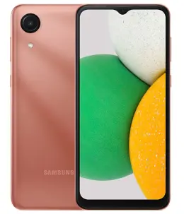 Samsung Galaxy A03 Core smartphone in copper color with colorful display