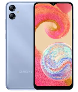 Samsung Galaxy A04e smartphone in blue color with vibrant display