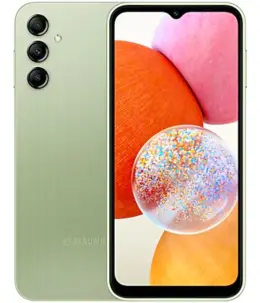 Samsung Galaxy A14 smartphone in green color showcasing its display and camera design.
