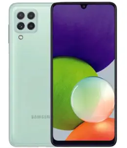 Samsung Galaxy A22 smartphone in mint green color showcasing its front and back design.