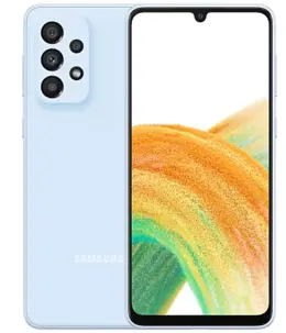 Samsung Galaxy A33 smartphone in light blue color with vibrant display and triple camera setup