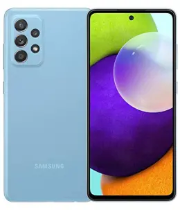 Samsung Galaxy A52s smartphone in blue color showcasing its display and rear camera setup.