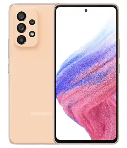 Samsung Galaxy A53 smartphone in peach color with triple camera setup