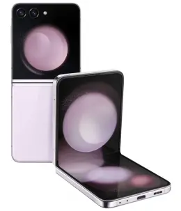 Samsung Galaxy Z Flip 5 smartphone in lavender color, showcasing its foldable design and dual cameras.