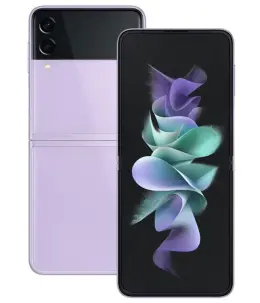 Samsung Galaxy Z Flip 4 smartphone in purple color, front and back view.